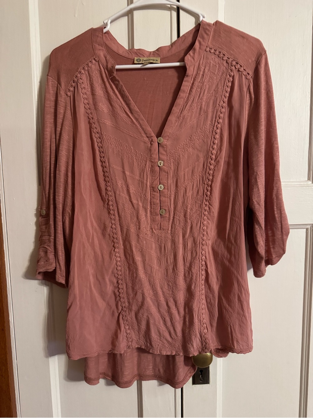 Democracy Rosewood V-Neck Henley Blouse